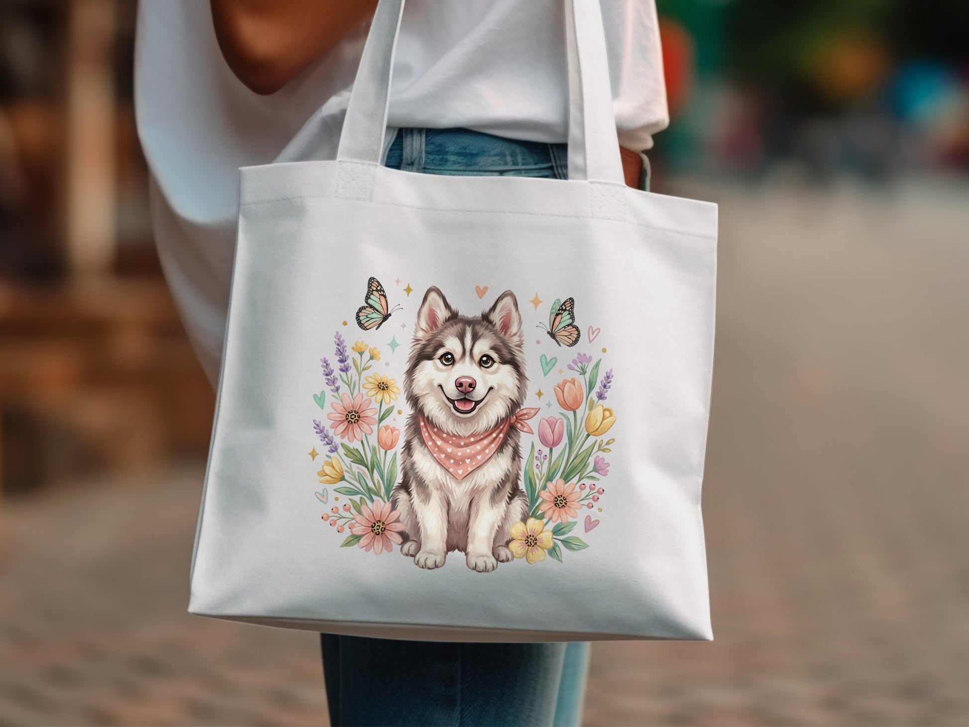 White tote bag with a husky dog and colorful flowers design.