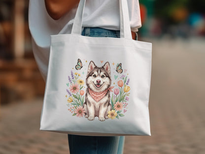 White tote bag with a husky dog and colorful flowers design.