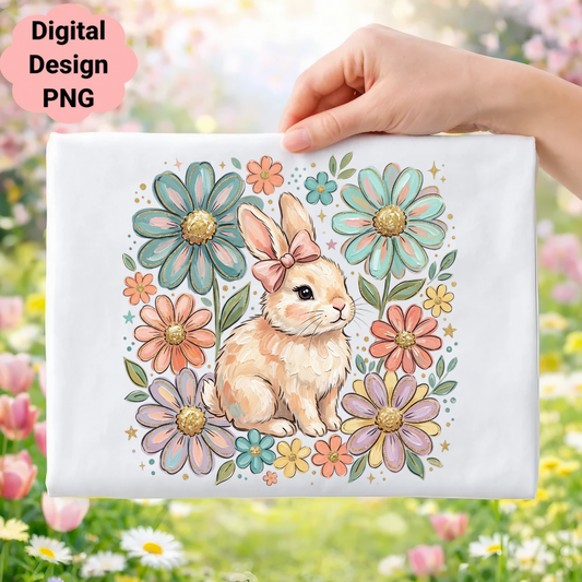 Watercolor illustration of a bunny surrounded by pastel flowers.
