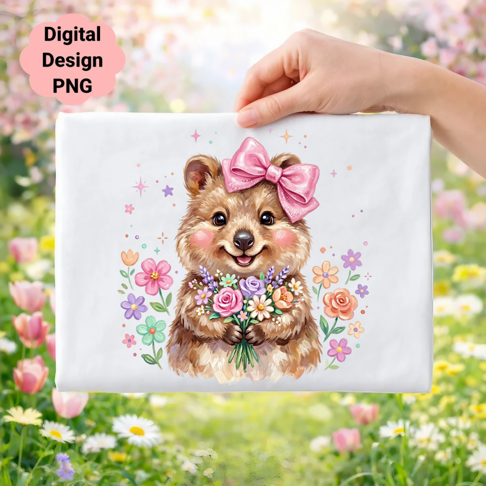 Quokka holding a bouquet of colorful flowers wearing a pink bow.