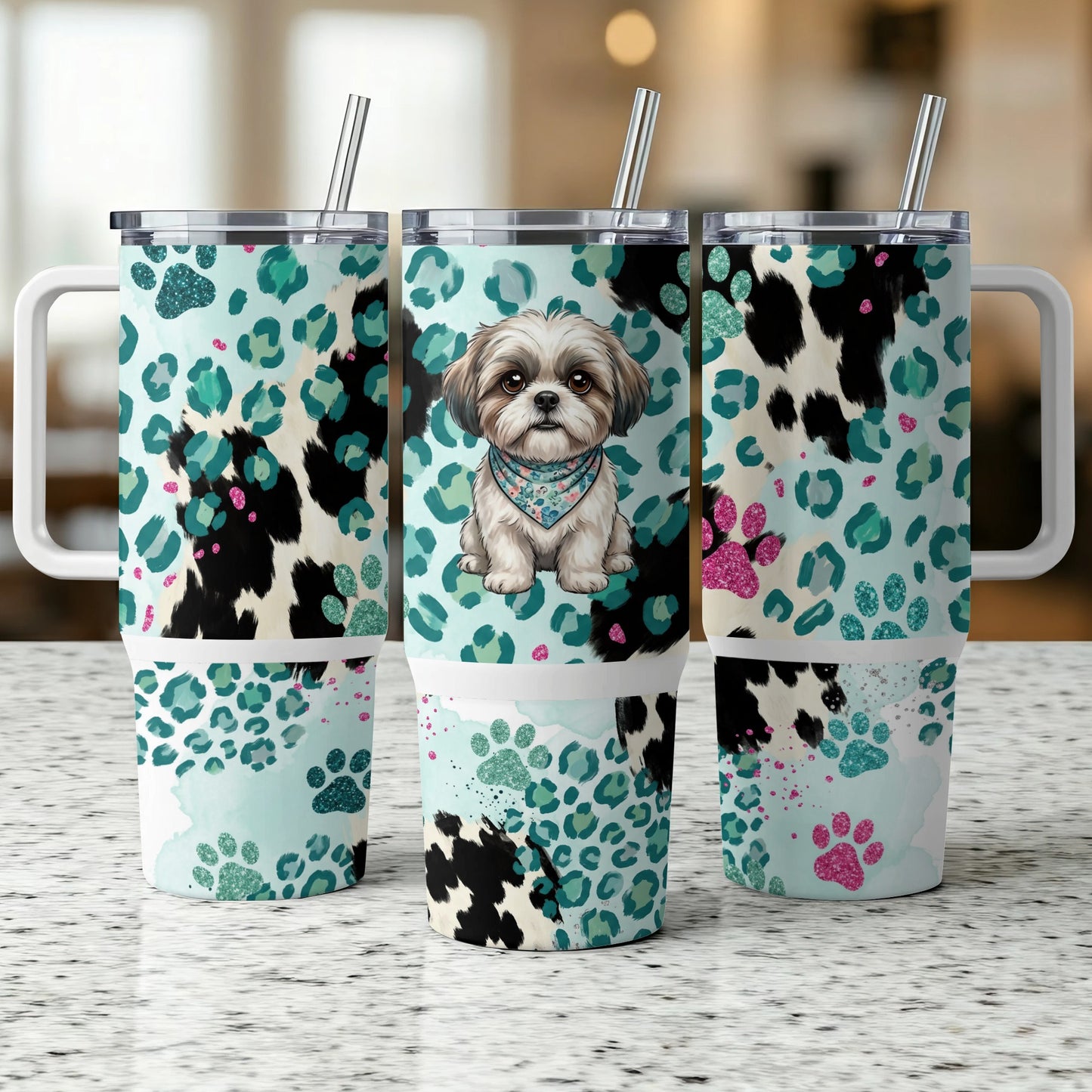 Shih Tzu wearing a bandana on a leopard print tumbler.