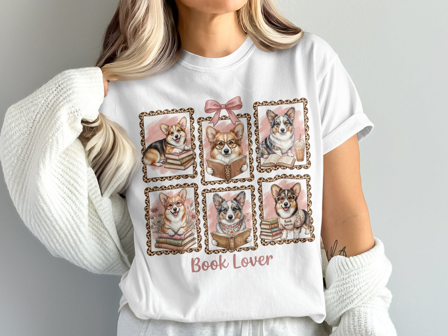 Six corgi dogs in frames reading books, with "Book Lover" text below.