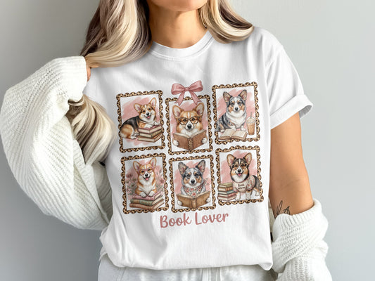 Six corgi dogs in frames reading books, with "Book Lover" text below.
