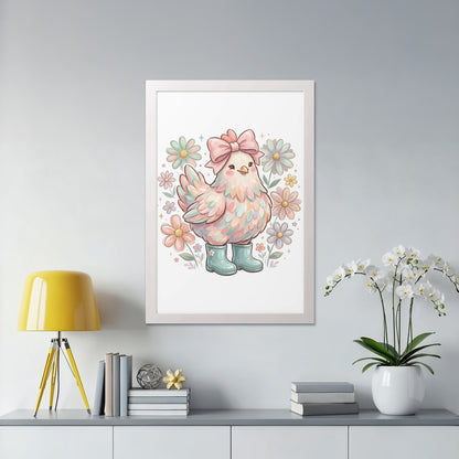 A colorful cartoon chicken wearing a pink bow and blue boots.