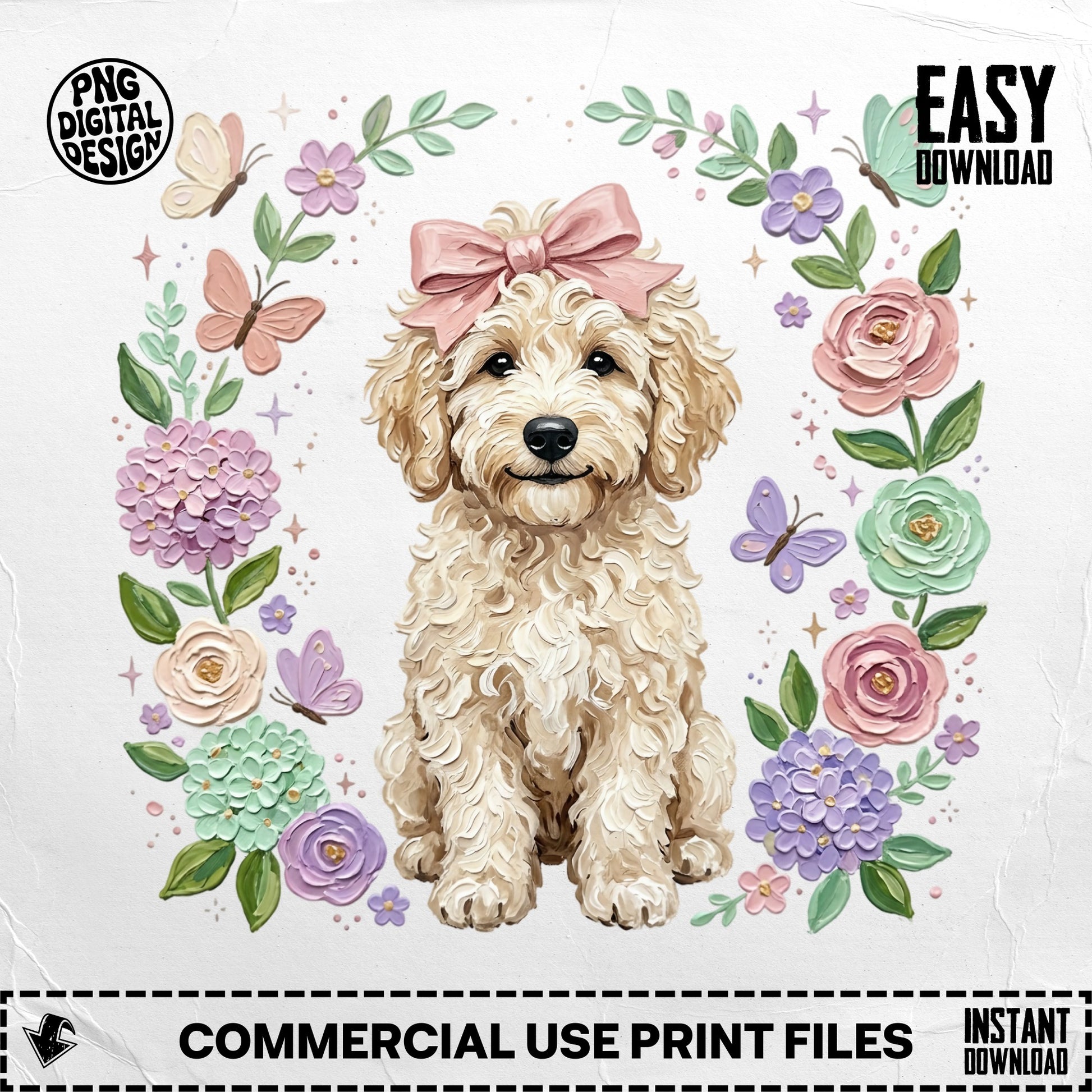 Fluffy doodle dog with bow in floral wreath with butterflies, "Easy Download" text.