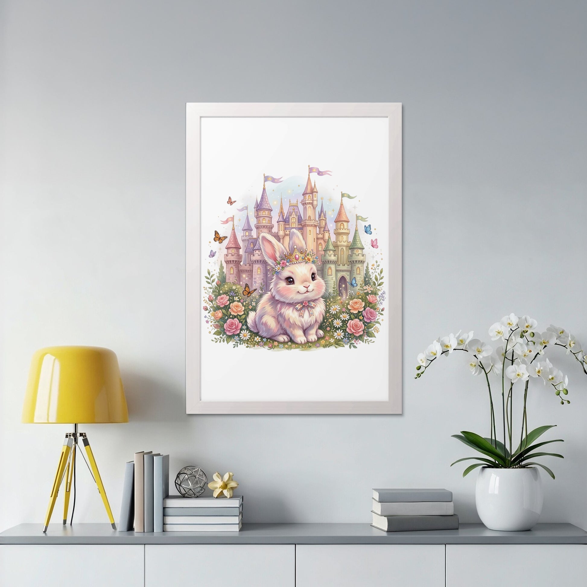 Pink bunny with crown in front of a castle, surrounded by flowers and butterflies.