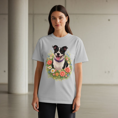 Light gray t-shirt featuring a colorful floral wreath with a happy dog at its center.