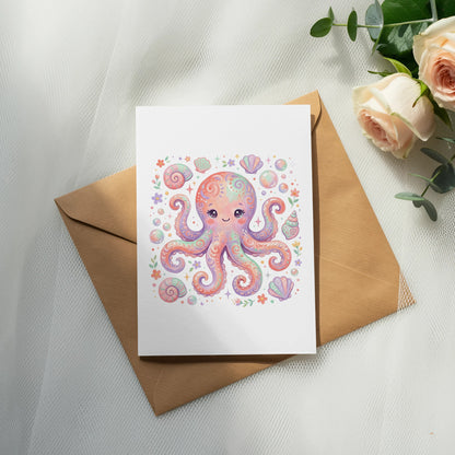 Cute cartoon octopus surrounded by shells and flowers on a card.