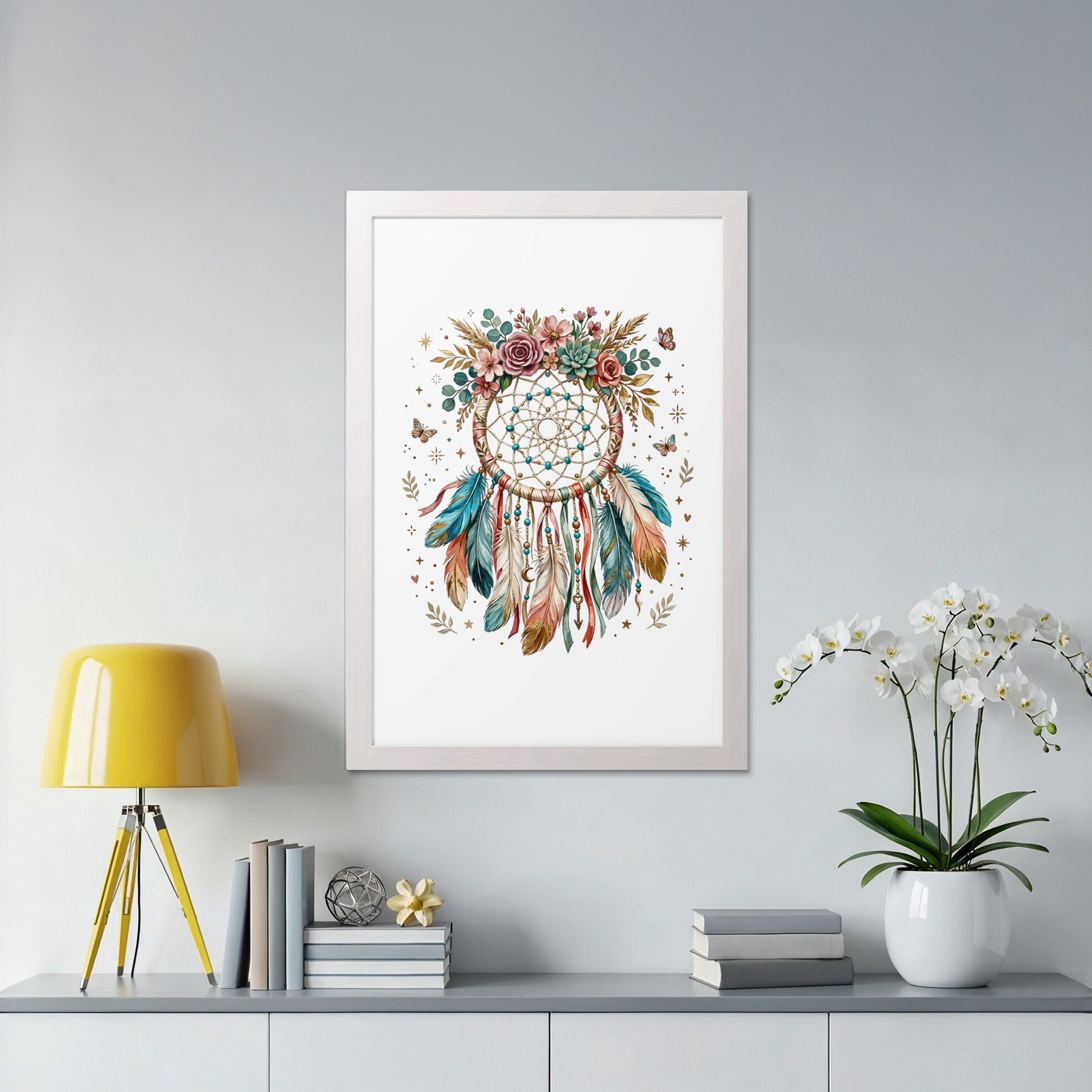 Dreamcatcher artwork with feathers and flowers in a white frame.