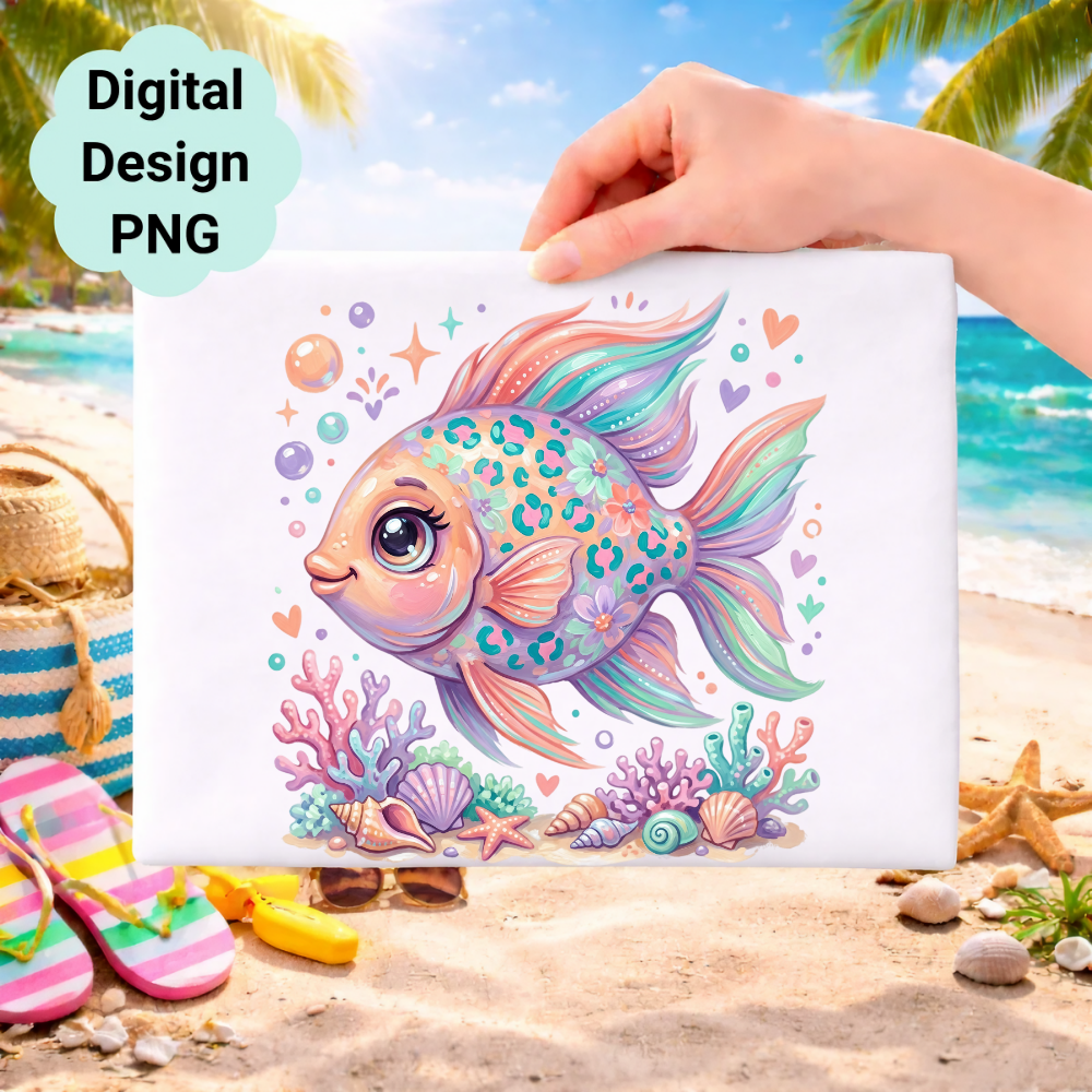 Cute cartoon fish with colorful floral pattern, surrounded by seashells and coral.