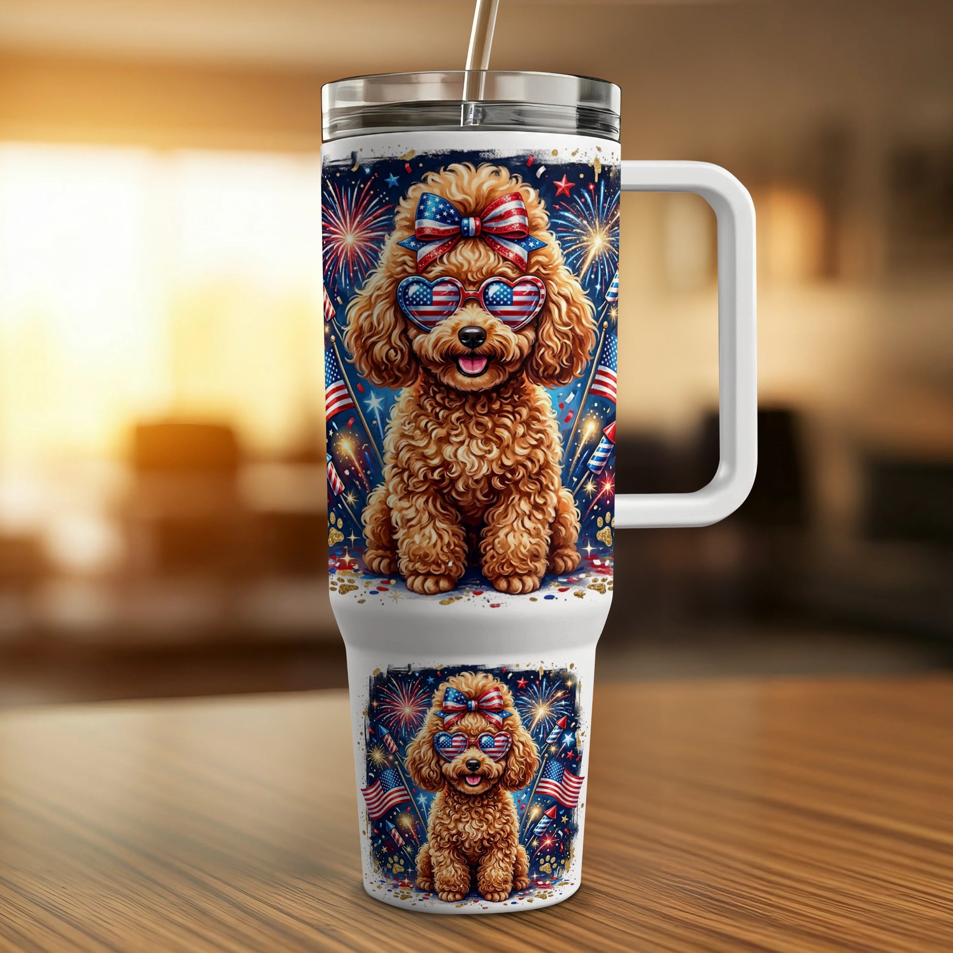 Poodle wearing sunglasses and bow, on a patriotic tumbler with fireworks.