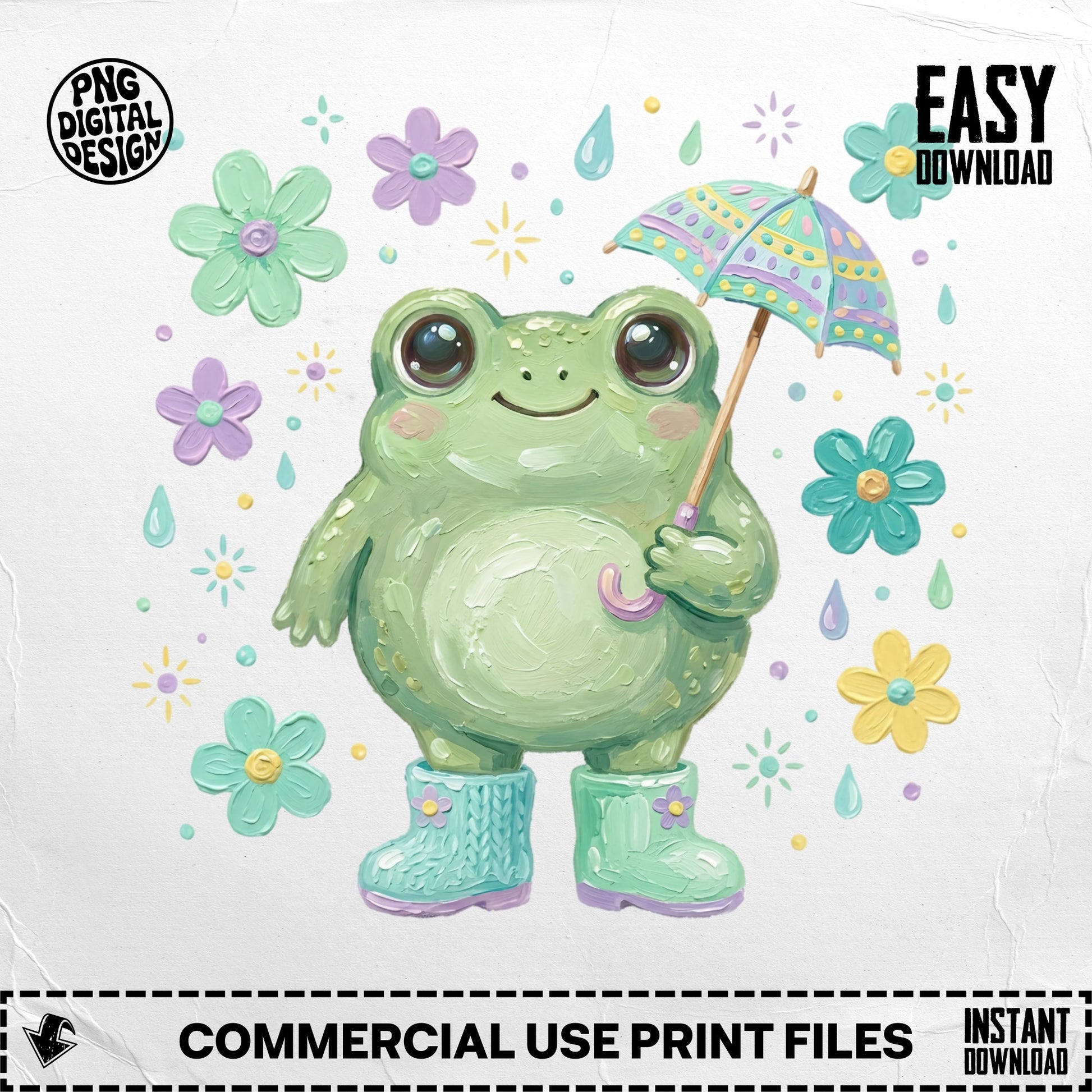 Cartoon frog in rain boots holding an umbrella surrounded by flowers.