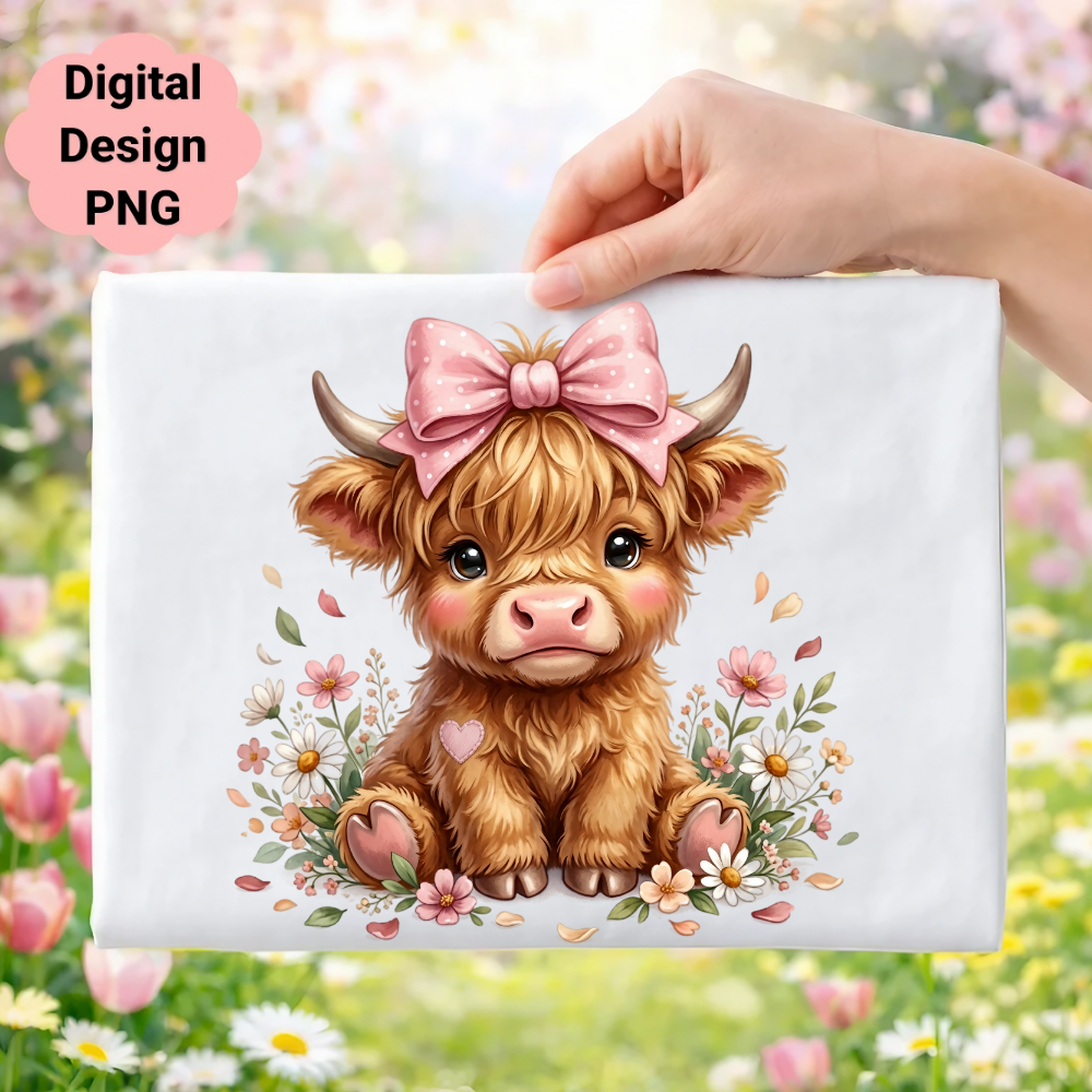 Fluffy Highland calf with pink bow in a flower field.
