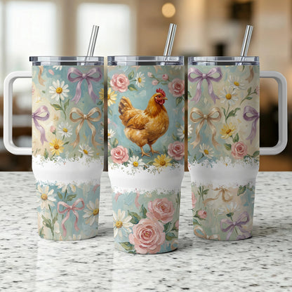 Three tumblers featuring a chicken, flowers, and bows on a floral background.