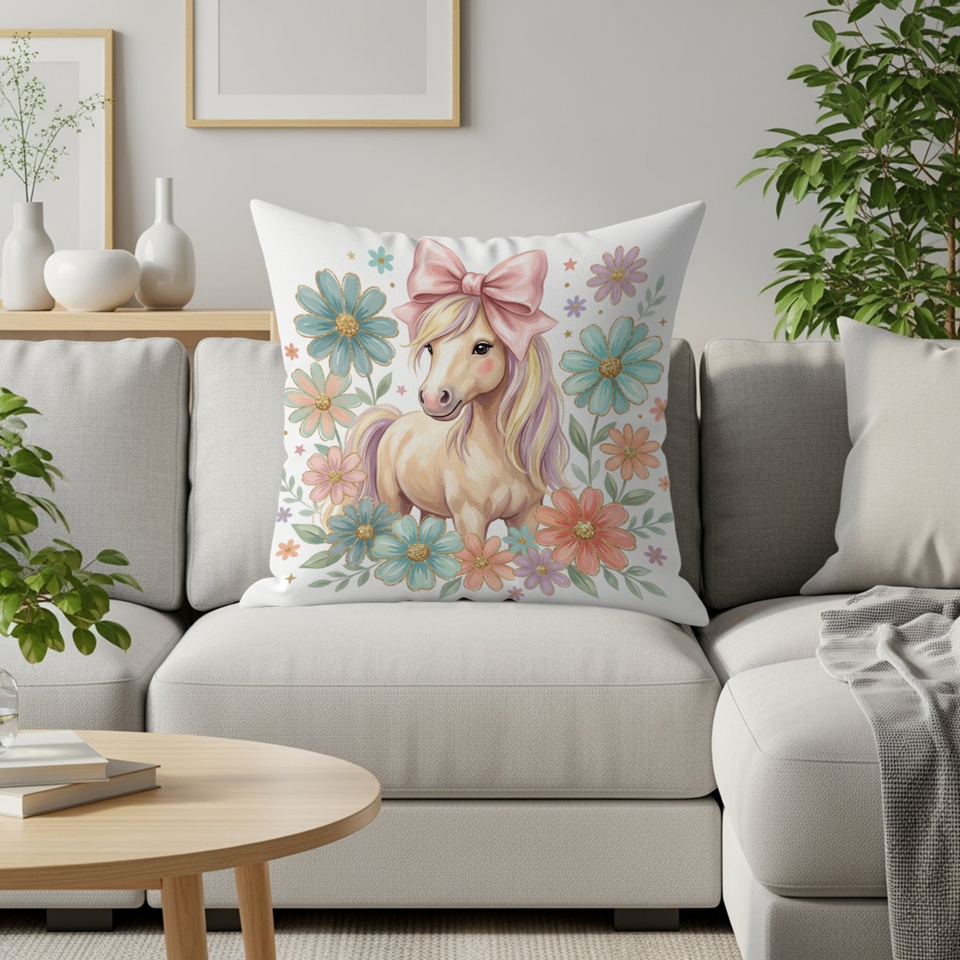 Unicorn on a floral cushion with a pink bow, sitting on a sofa.
