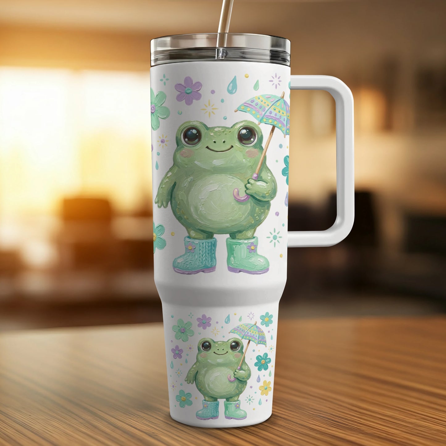 Green frog in rain boots holding umbrella, whimsical floral design.
