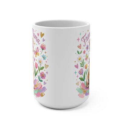 Mug with "Mama" and "Frenchie" text, surrounded by colorful floral and butterfly illustrations.