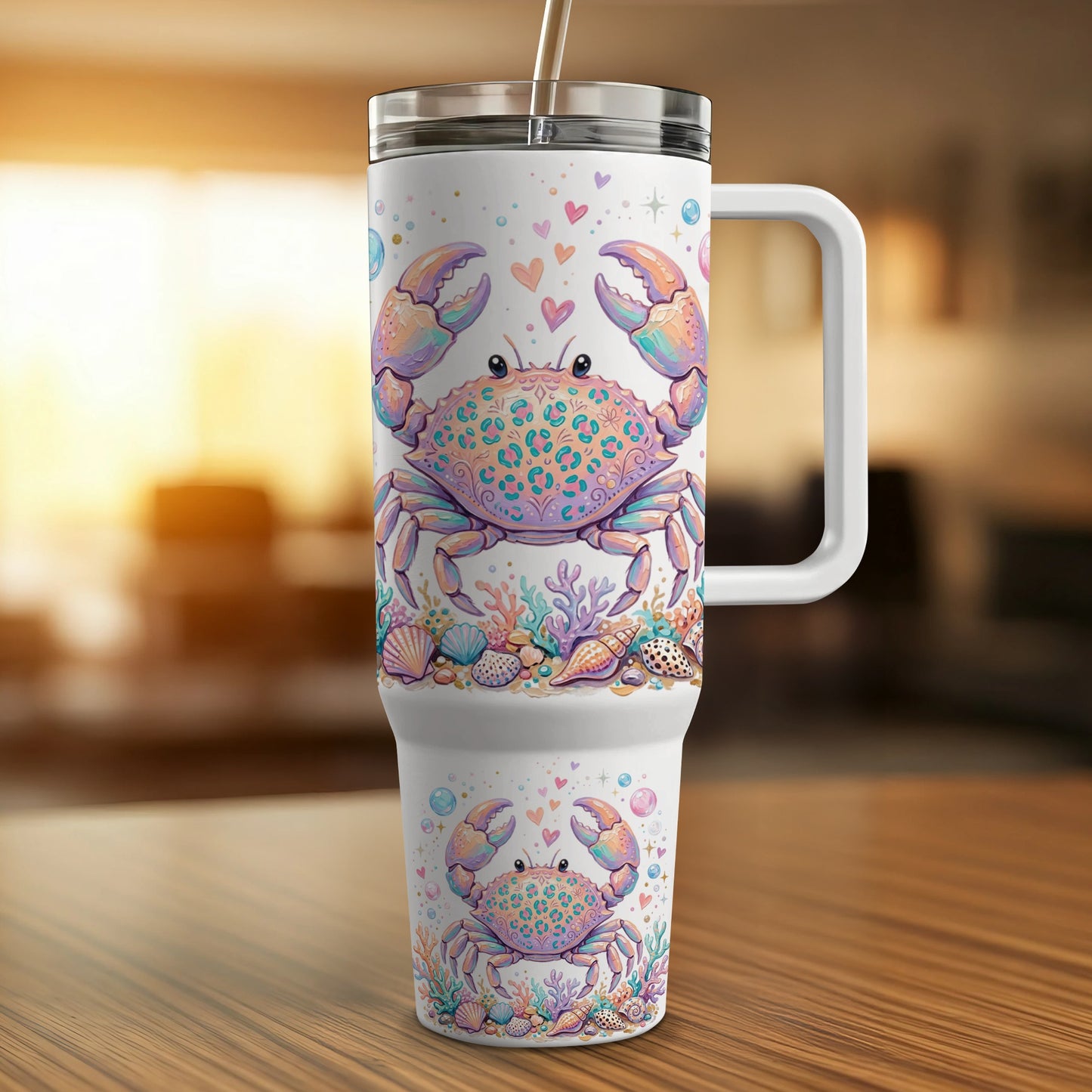 White travel mug with colorful crabs, hearts, and seashells.