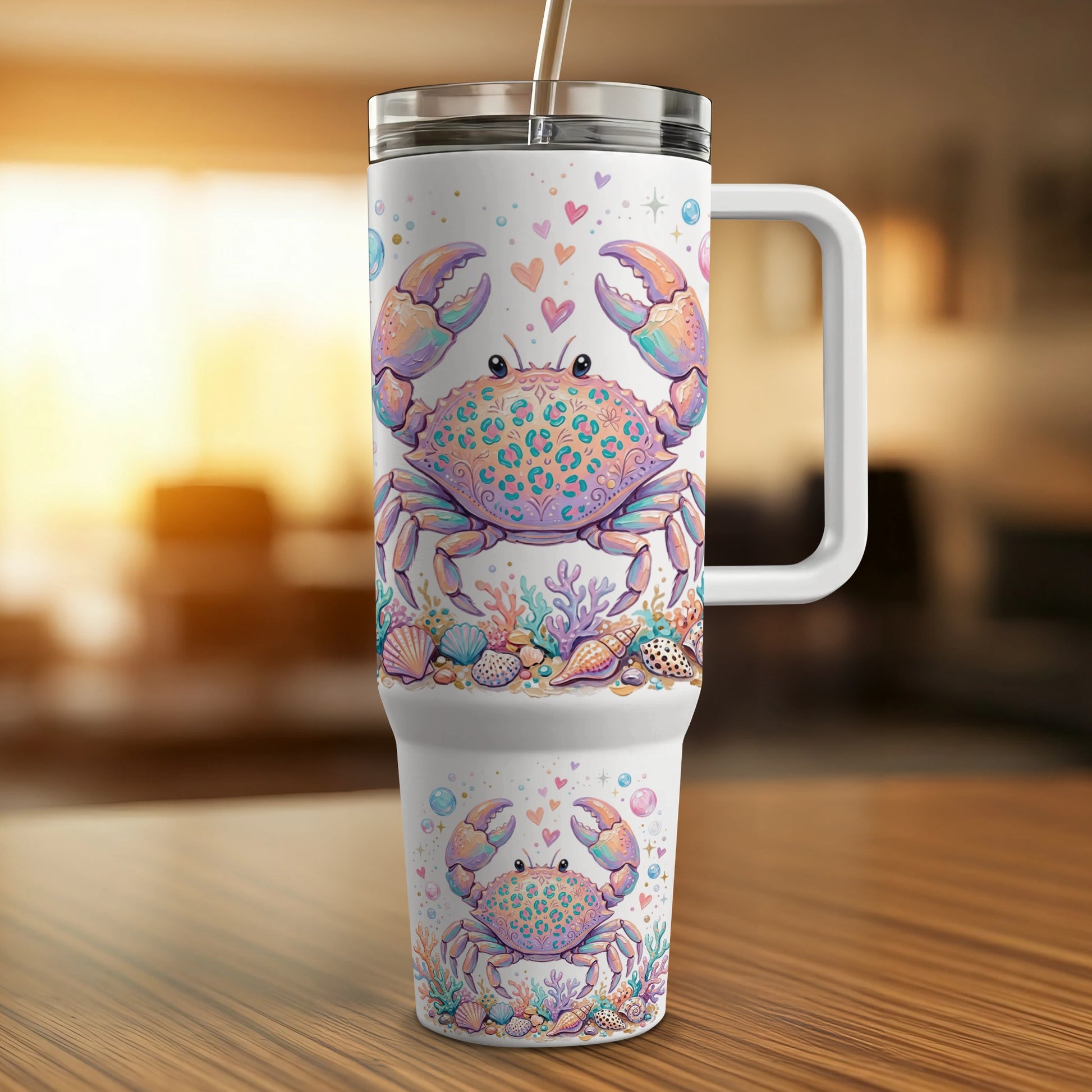 White travel mug with colorful crabs, hearts, and seashells.