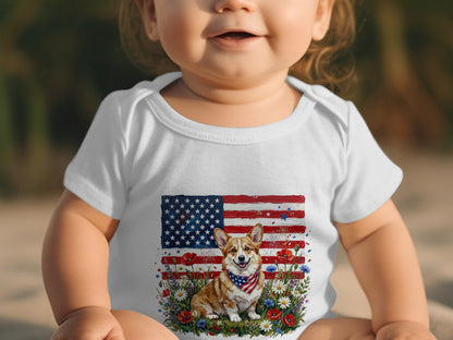 Baby wearing white onesie with Corgi and American flag graphic.
