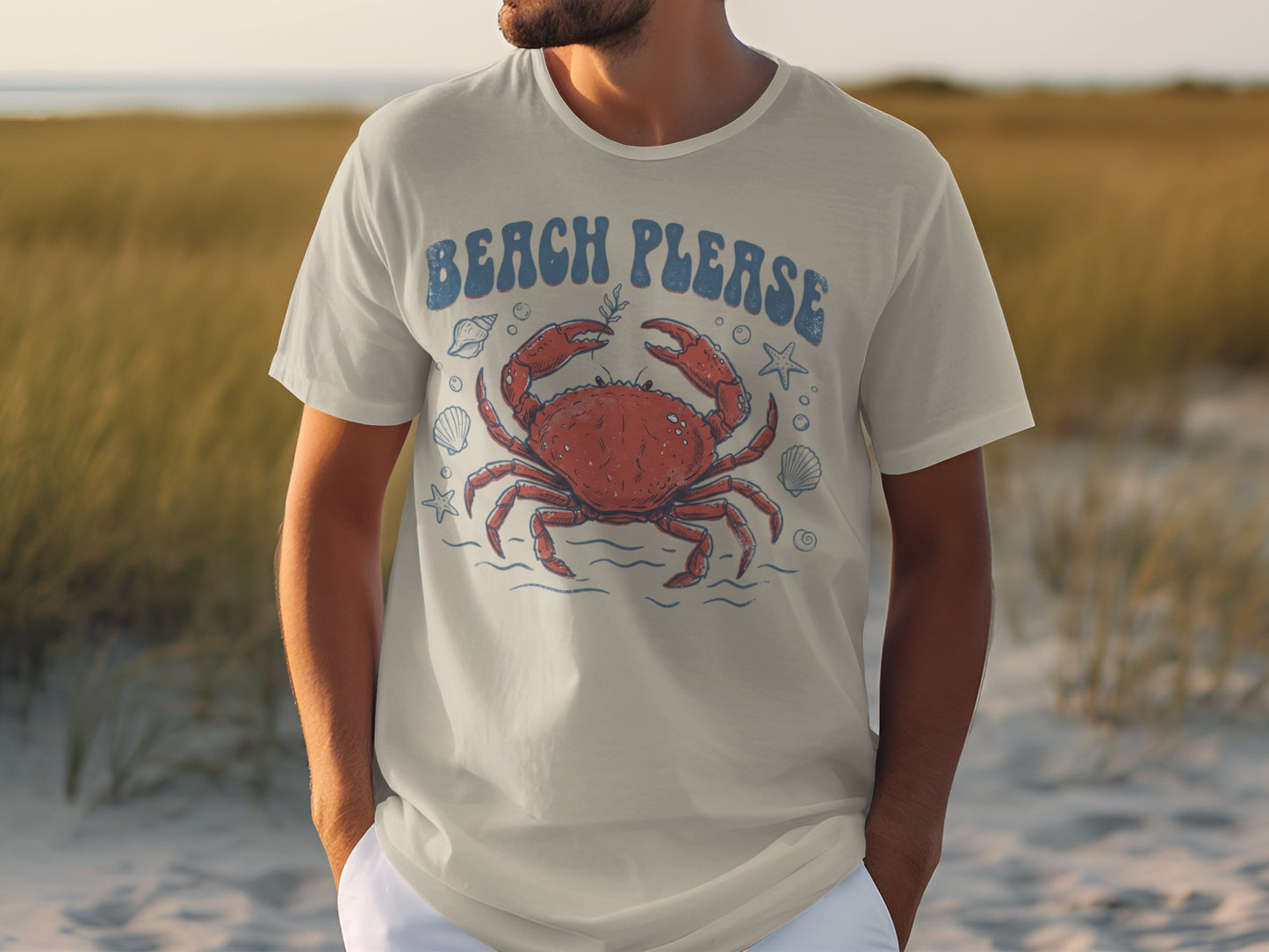 Light grey t-shirt with a red crab and "Beach Please" text.