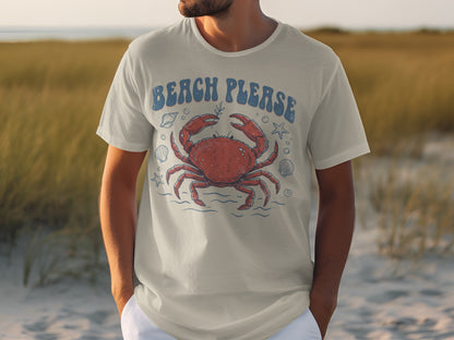 Light grey t-shirt with a red crab and "Beach Please" text.