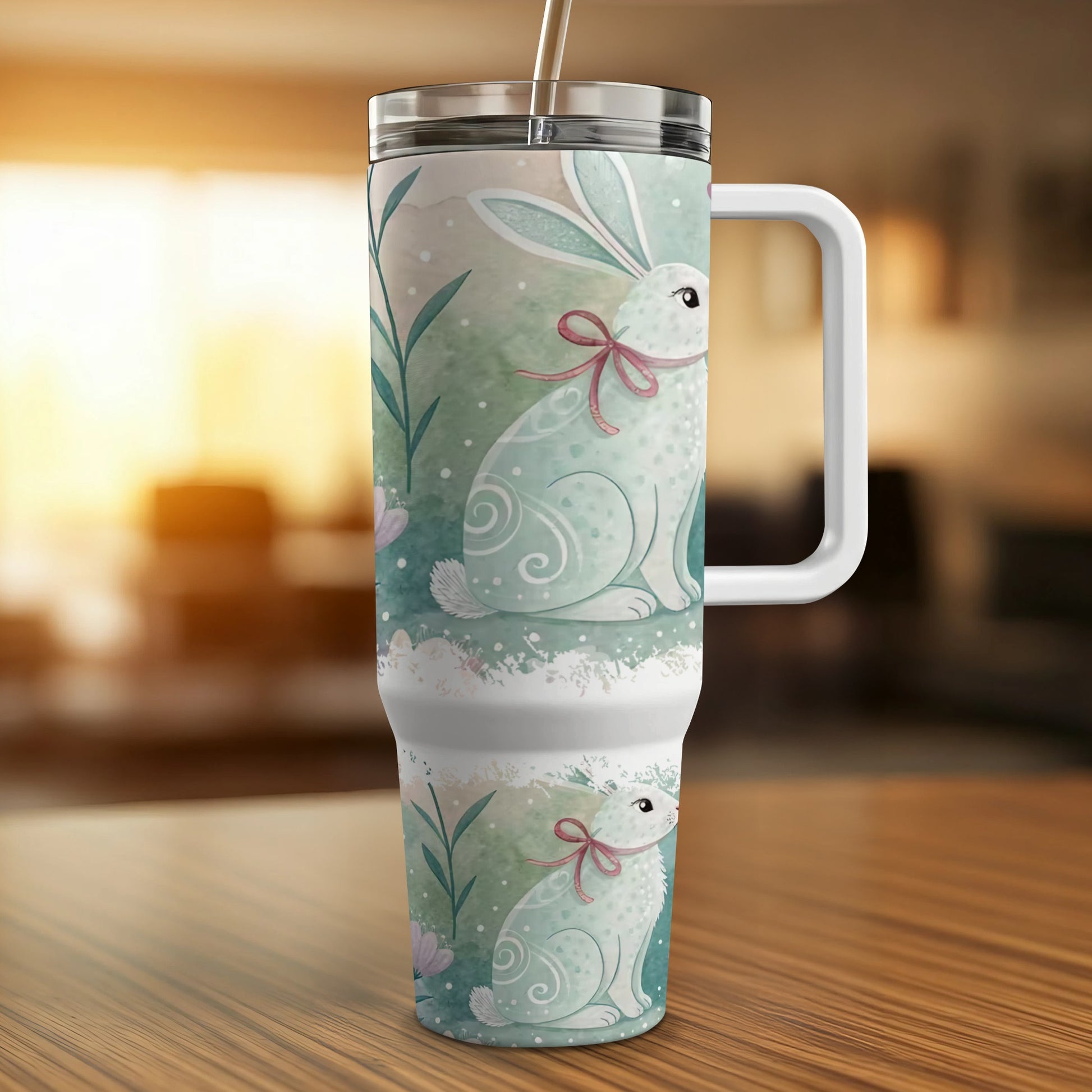 White Easter bunny tumbler with pink bow and floral accents.