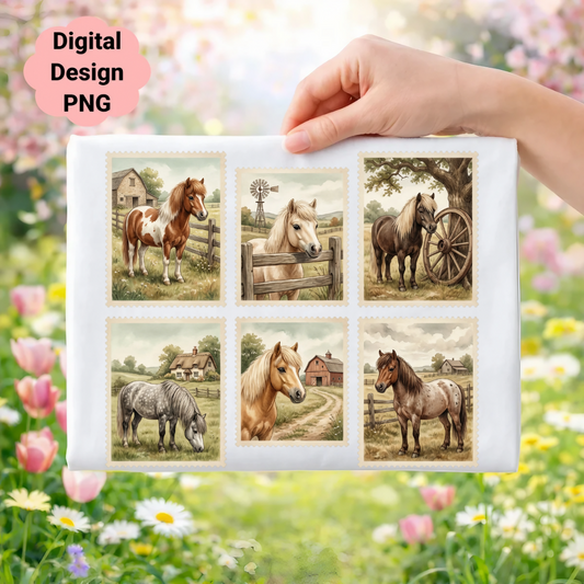 Six stamp-like illustrations of horses in rural settings, with text "Digital Design PNG".