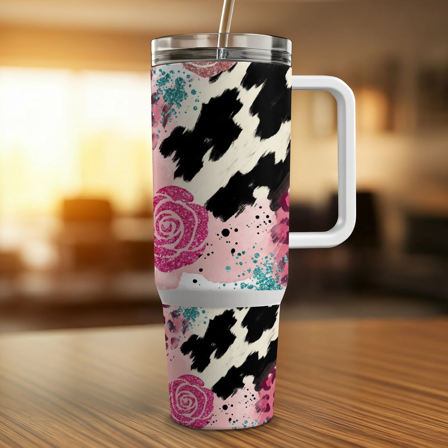 30-ounce tumbler with cow print, pink roses, and glitter accents.