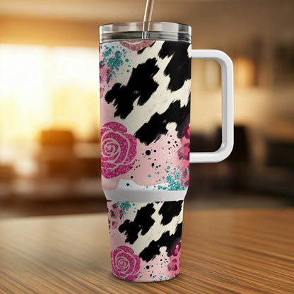 30-ounce tumbler with cow print, pink roses, and glitter accents.
