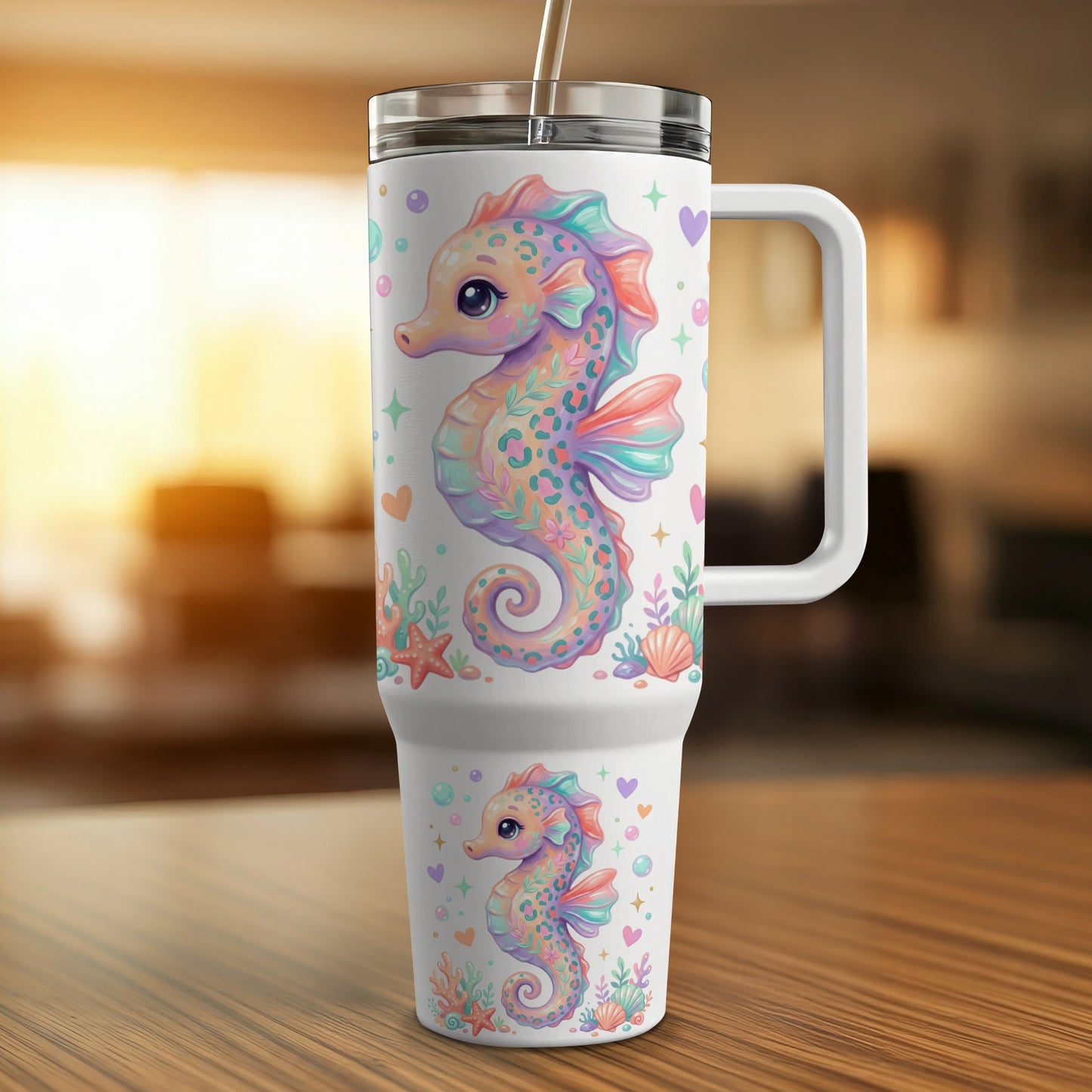 White travel mug with colorful seahorse and heart illustrations.