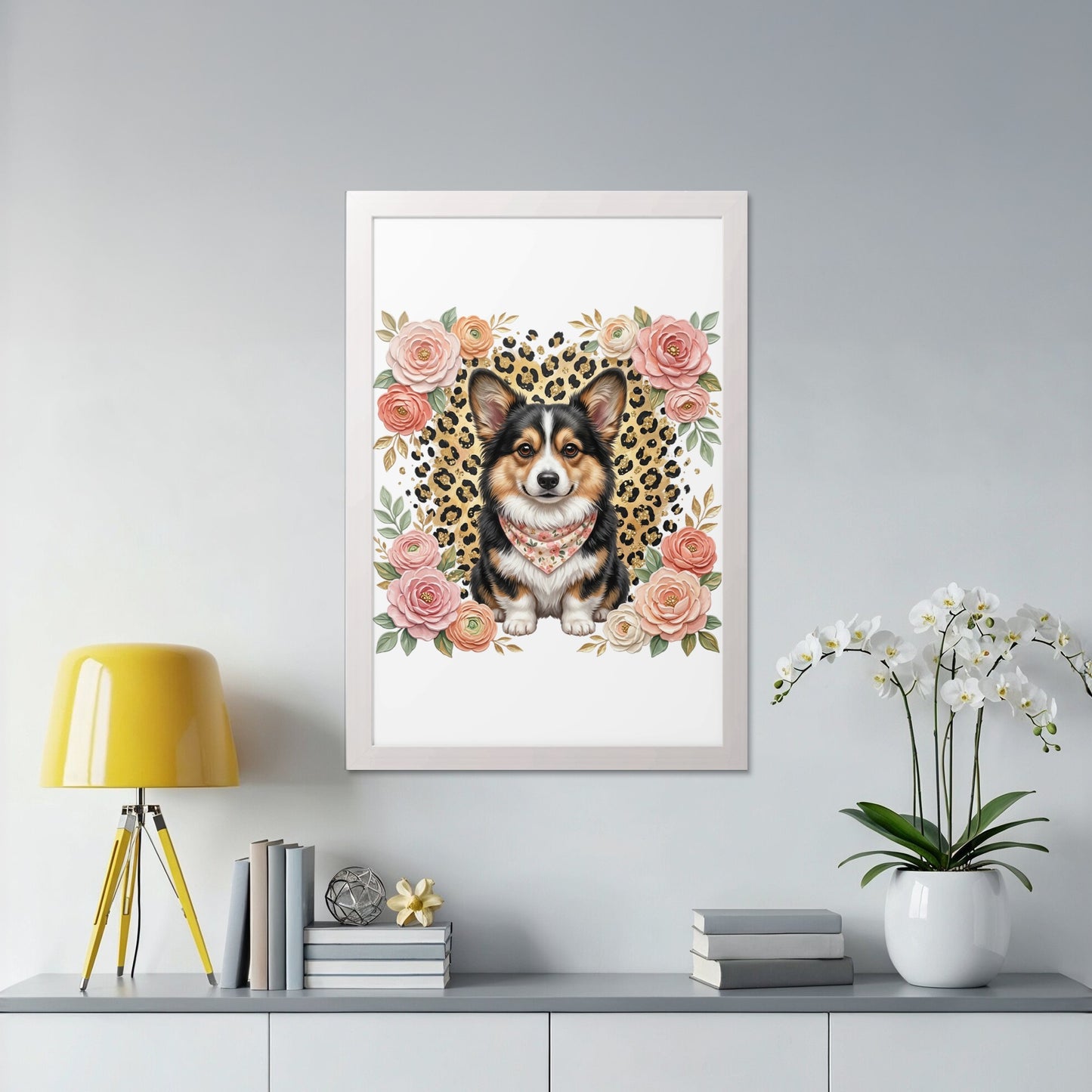 Corgi wearing bandana surrounded by floral heart pattern in white framed art.