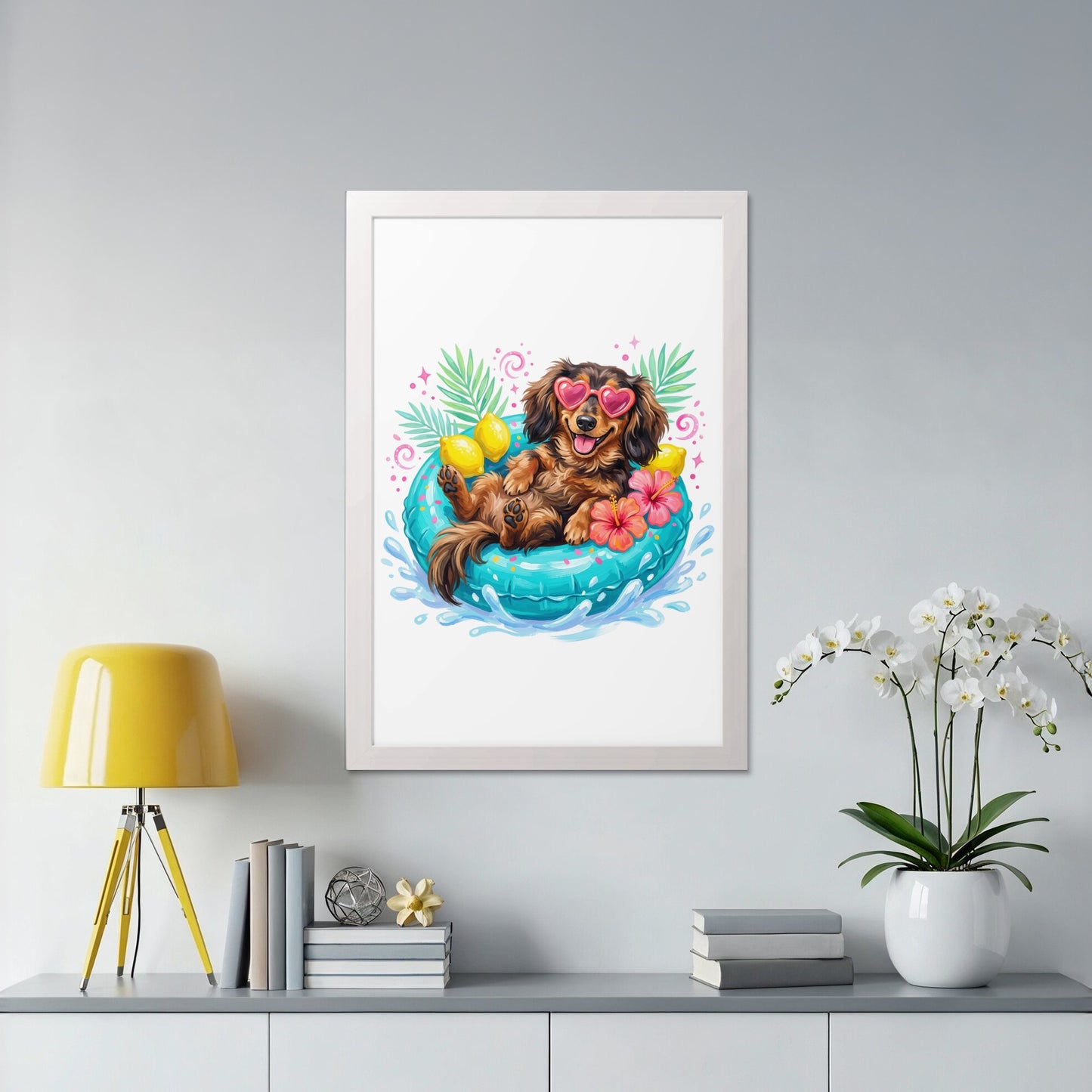 Dachshund wearing heart sunglasses floats in pool ring with lemons and palm leaves.