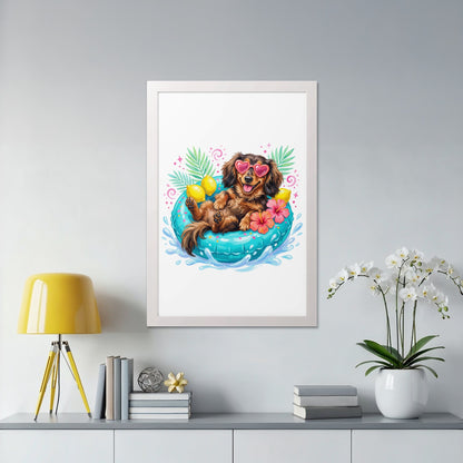 Dachshund wearing heart sunglasses floats in pool ring with lemons and palm leaves.