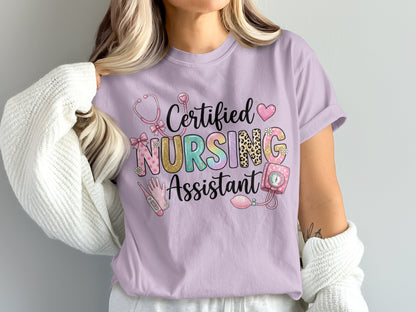 Certified Nursing Assistant text with medical icons on a purple t-shirt.