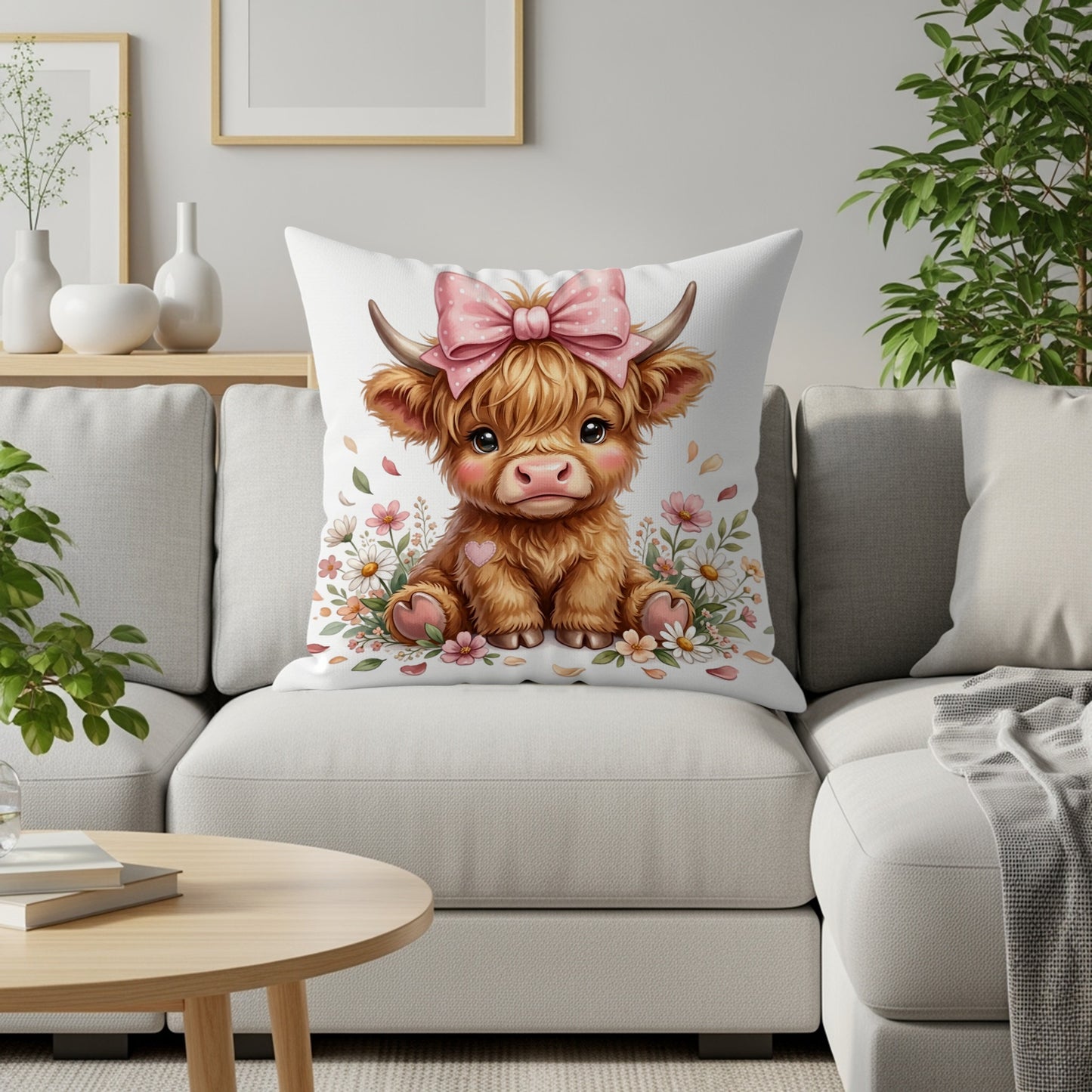Fluffy Highland cow illustration with pink bow, sitting amongst flowers.