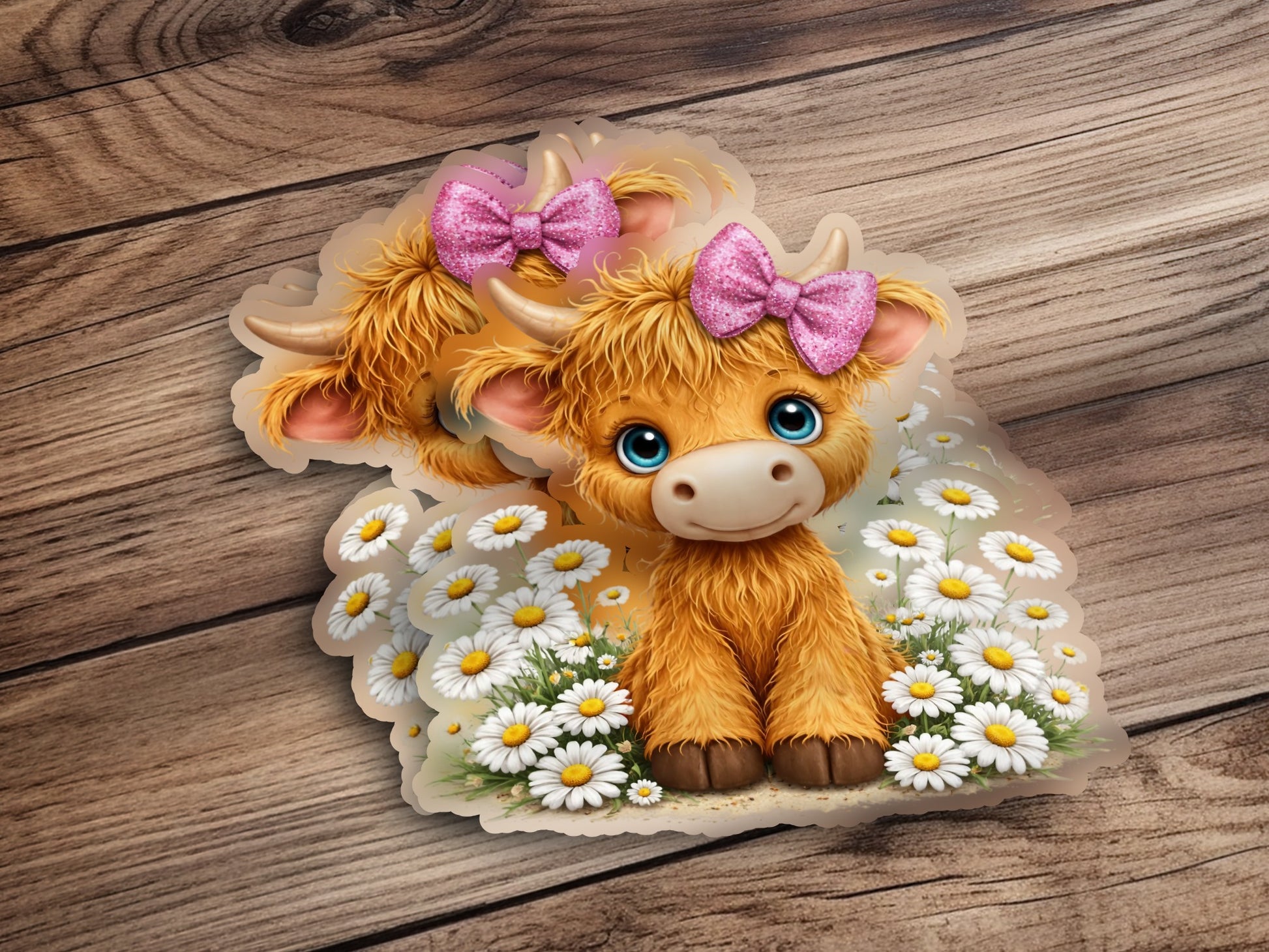 Fluffy Highland cow calf with blue eyes and pink bows among daisies.
