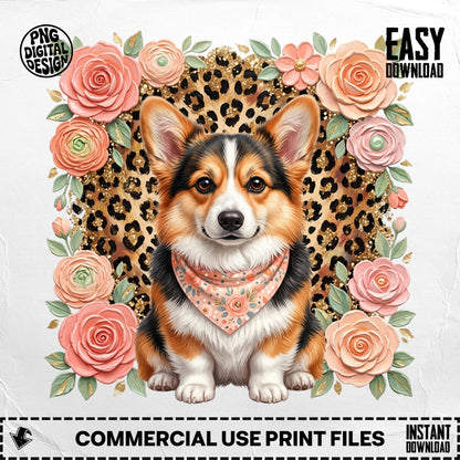 Corgi wearing a bandana surrounded by roses and leopard print.