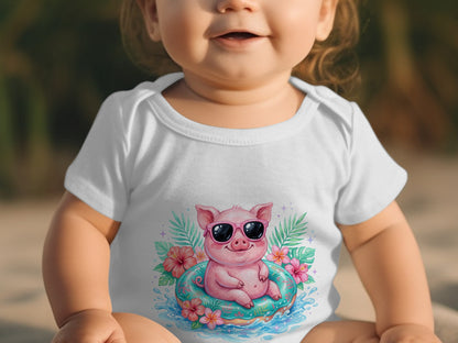 Baby in white bodysuit with cartoon pig on inner tube graphic.