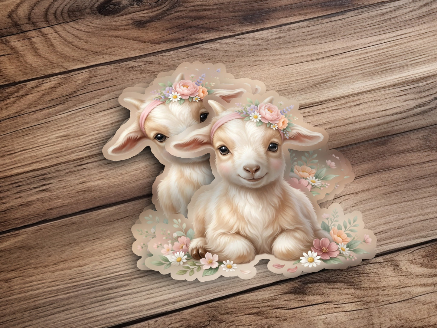 Two fluffy goatlings with floral headbands and soft pastel flowers.
