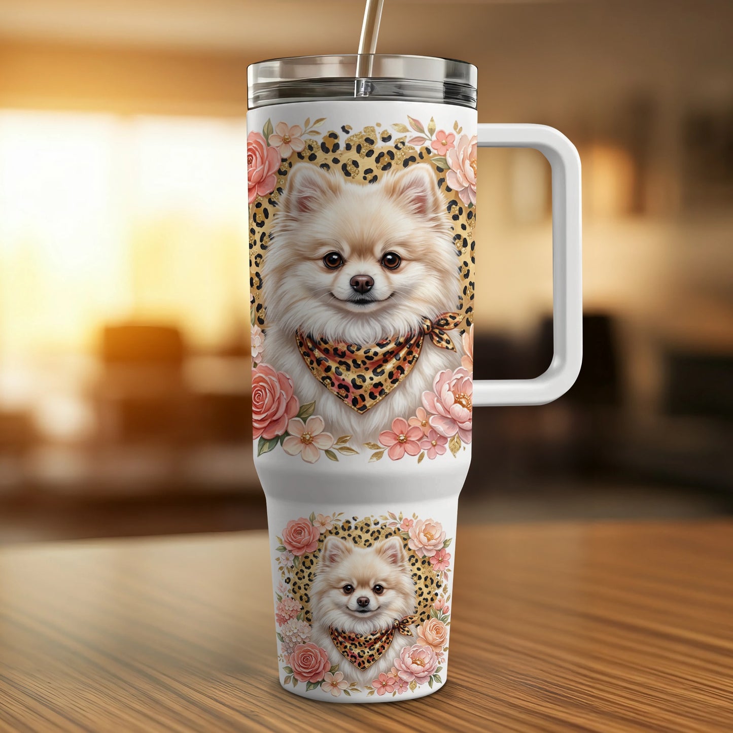 White tumbler with floral and leopard print featuring a small dog wearing a bandana.
