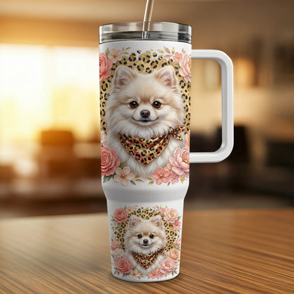 White tumbler with floral and leopard print featuring a small dog wearing a bandana.
