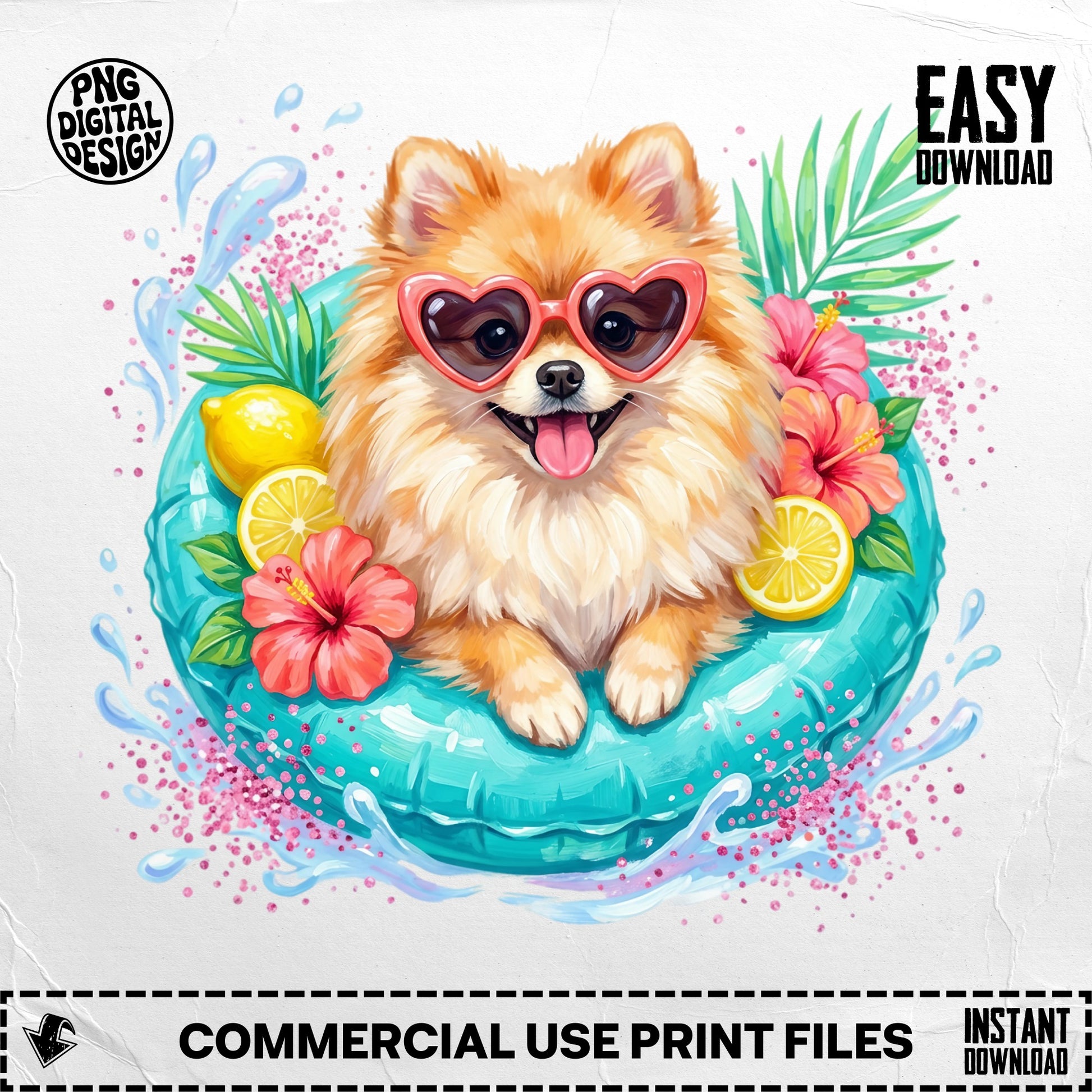Pomeranian dog in heart sunglasses on inflatable ring with fruit and flowers.
