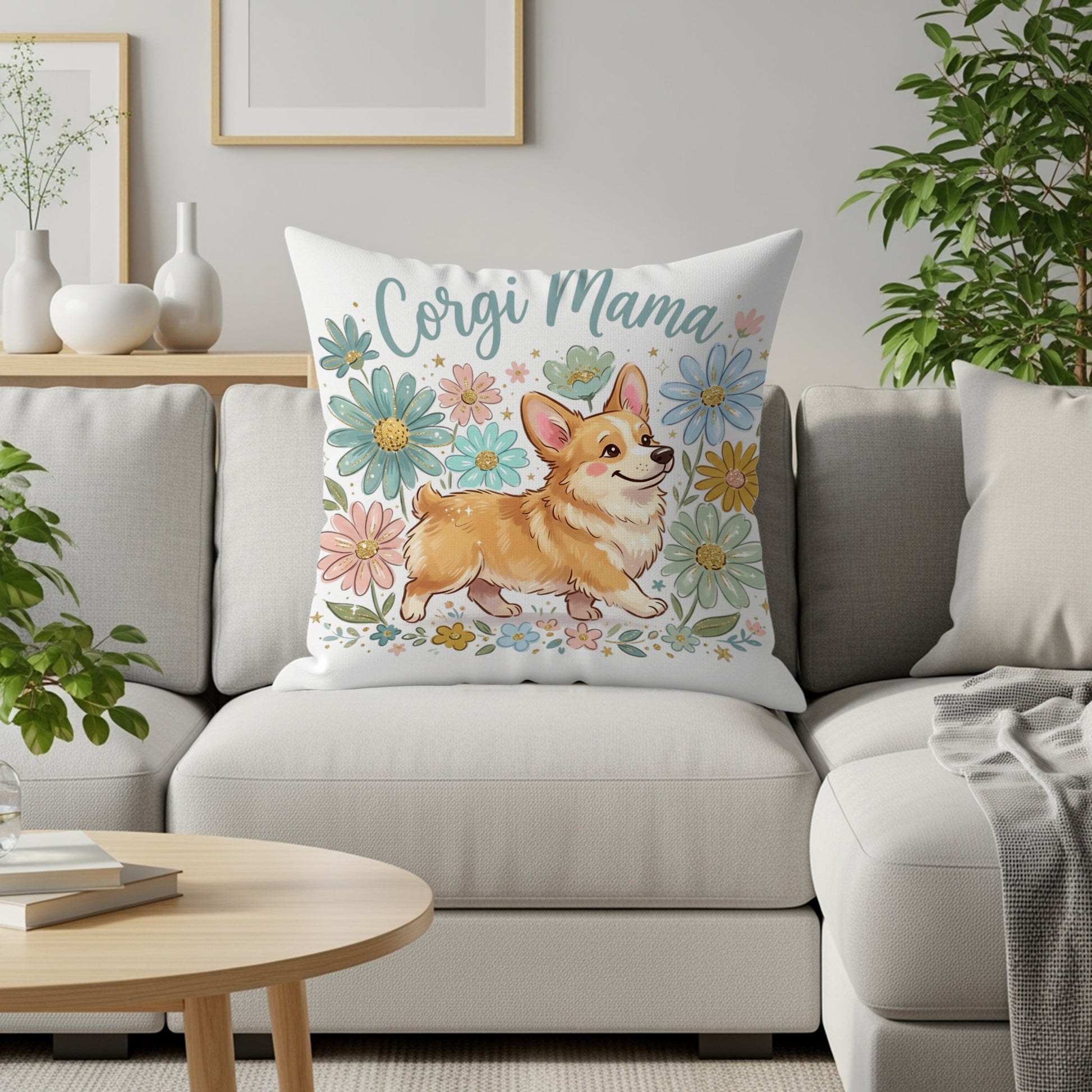 Corgi Mama text with floral accents on a throw pillow.
