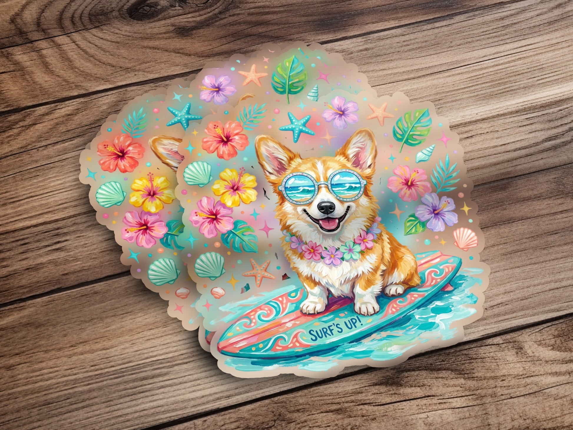 Corgi wearing sunglasses and a flower lei rides a surfboard, surrounded by tropical flowers and seashells.