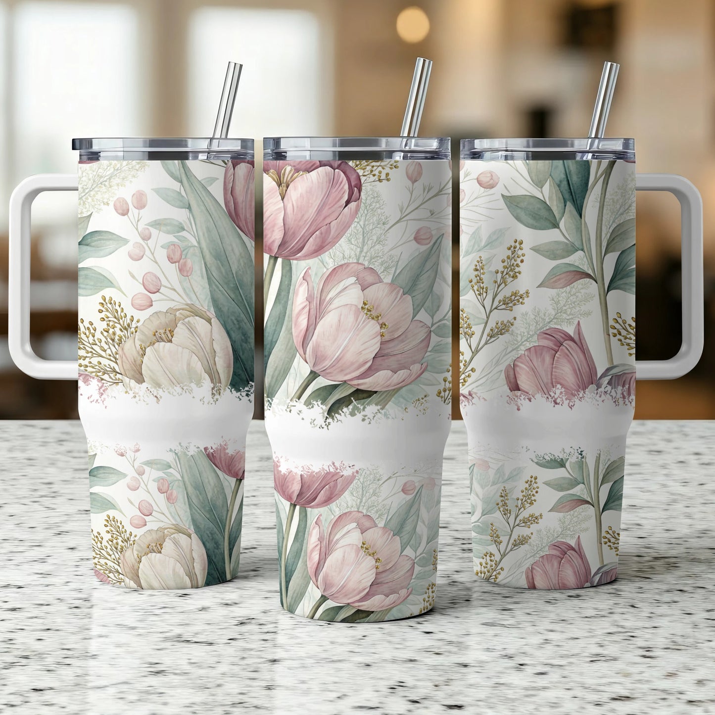 Three tumblers with a floral pattern featuring pink tulips and greenery.