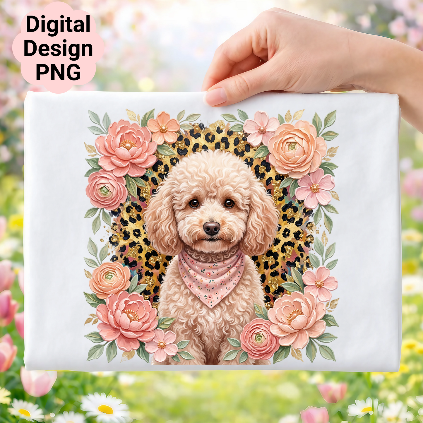 Poodle dog wearing bandana surrounded by pink flowers and leopard print.