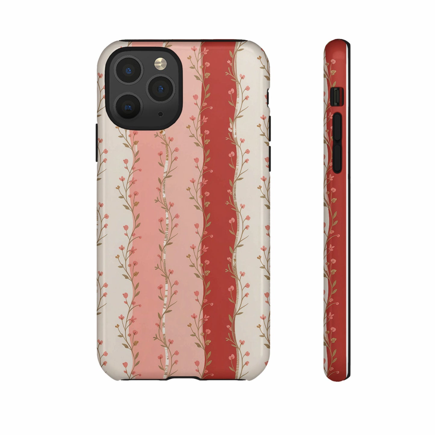Floral pattern phone case with vertical stripes, shown front and side.