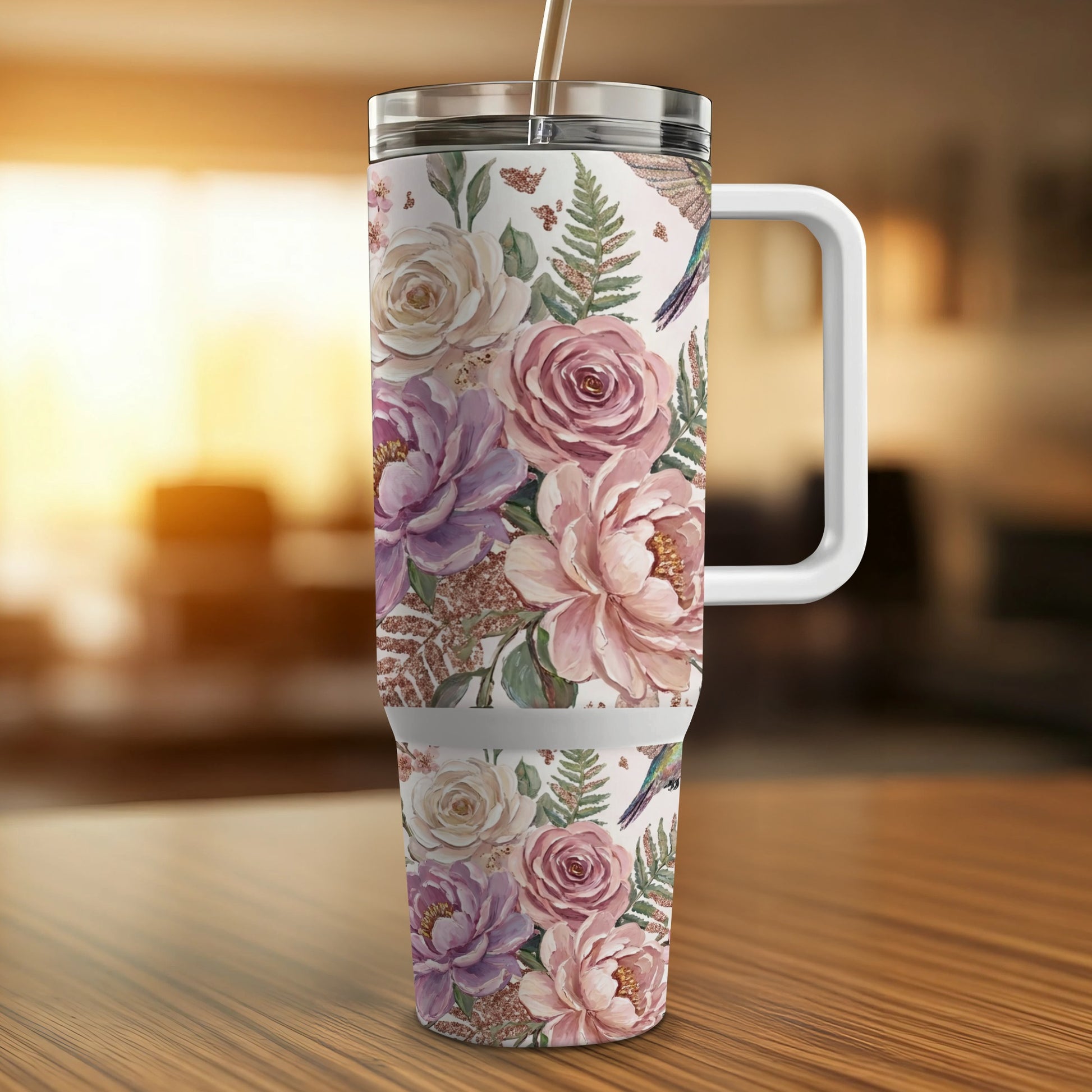 Floral tumbler with handle, featuring roses and ferns, on a wooden table.