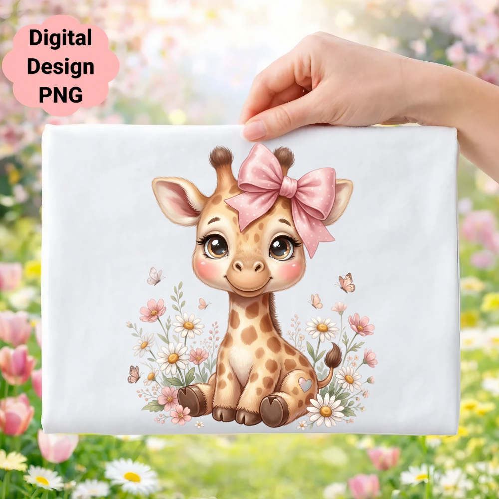 Cute cartoon baby giraffe with pink bow surrounded by flowers and butterflies.